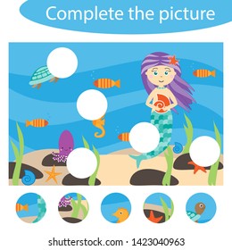 Complete the puzzle and find the missing parts of the picture, ocean, fun education game for children, preschool worksheet activity for kids, task for the development of logical thinking, vector