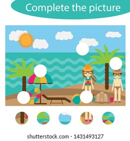 Complete the puzzle and find the missing parts of the picture, summer beach fun education game for children, preschool worksheet activity for kids, task for the development of logical thinking, vector