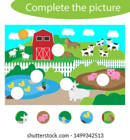 Complete the puzzle and find the missing parts of the picture, farm fun education game for children, preschool worksheet activity for kids, task for the development of logical thinking, vector