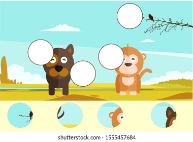 Complete the puzzle and find the missing parts of the picture. Educational game for kids. IQ test