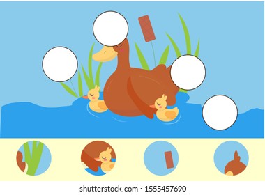 Complete the puzzle and find the missing parts of the picture. Educational game for kids. IQ test