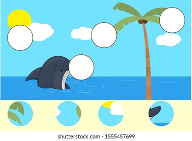 Complete the puzzle and find the missing parts of the picture. Educational game for kids. IQ test