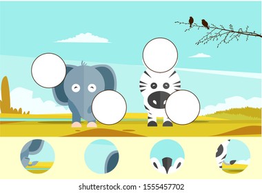 Complete the puzzle and find the missing parts of the picture. Educational game for kids. IQ test