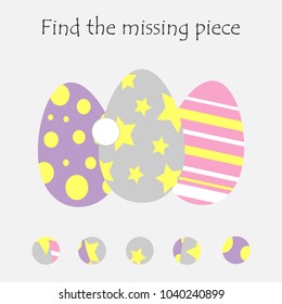 Complete the puzzle and find the missing piece, fun education easter game for children, preschool worksheet activity for kids, task for the development of logical thinking, vector illustration
