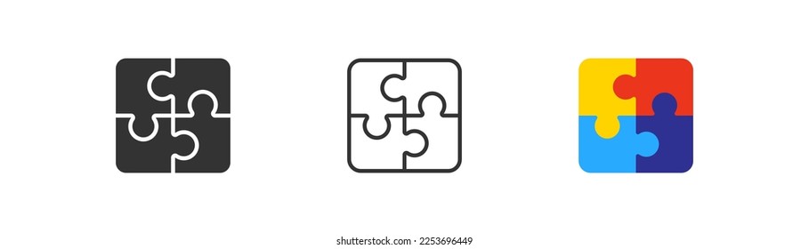 Complete puzzle with four parts icon. Teamwork, management symbol. Plugins sign. Logo template for website, ui, app. Complete data concept. Outline, flat, and colored style. Vector illustration.
