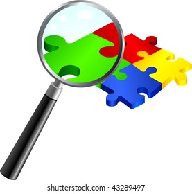 Complete Puzzle under Magnifying Glass Original Vector Illustration Complete Puzzle