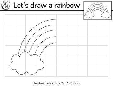 Complete the rainbow with clouds. Vector unicorn symmetrical drawing practice worksheet. Printable fairytale black and white activity for kids. Magic world copy the picture coloring page 
