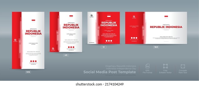 Gesamtquotientengröße Indonesien Unabhängigkeit Tag Social Media Post Template Set mit abstraktem rotem und weißem Hintergrund
