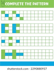 Complete repeating patterns. Worksheet for kids. Practicing motor skills, improving skills tasks Complete the pattern. Draw and color.