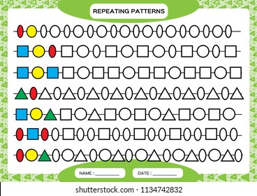 Complete repeating patterns. Worksheet for preschool kids. Practicing motor skills, improving skills tasks. Complete the pattern. Color beads. Green background. Square, circle, oval, triangle