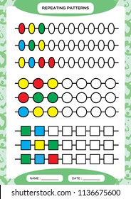 Complete Repeating Patterns. Worksheet For Preschool Kids. Practicing Motor Skills, Improving Skills Tasks. Complete The Pattern. Color Beads. Green Background. Square, Circle, Oval.