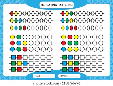 Complete repeating patterns. Worksheet for preschool kids. Practicing motor skills, improving skills tasks. Complete the pattern. Color beads. Blue background. Square, circle, oval Vector