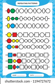 Complete repeating patterns. Worksheet for preschool kids. Practicing motor skills, improving skills tasks. Complete the pattern. Color beads. Blue background. Square, circle, oval, triangle