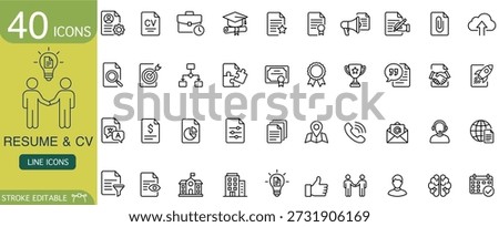 Complete resume and cv icon set for business. Line icons collection for job search, career development, employment, and human resource management. Stroke editable symbols