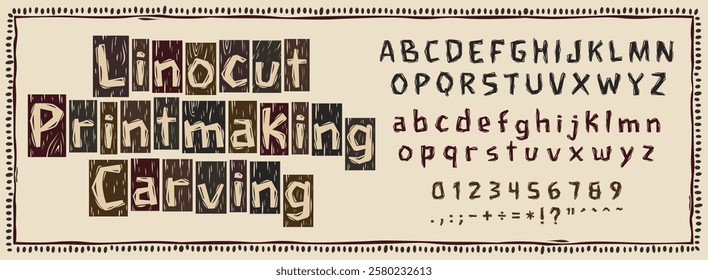 Complete retro style alphabet made with woodcut and print marking techniques. Complete collection of letters and numbers.