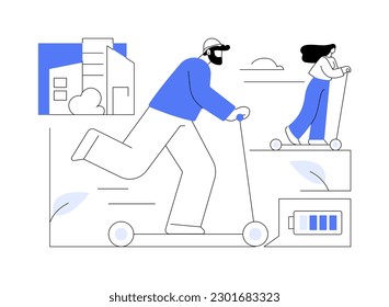 Complete the ride abstract concept vector illustration. Happy woman with smartphone completes the rental electric scooter ride, urban transportation, modern city transport abstract metaphor.