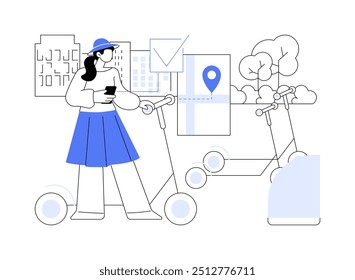 Complete the ride isolated cartoon vector illustrations. Beautiful girl returns a scooter from rent using mobile app, people urban lifestyle, city transportation, eco vehicle vector cartoon.