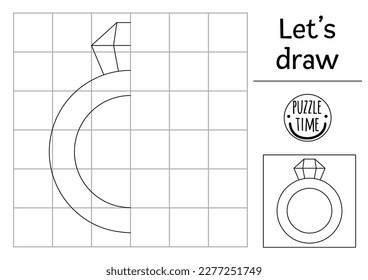 Füllen Sie das Ringbild aus. Hochzeitszeitsblatt für symmetrisches Zeichnen. Druckbare schwarz-weiße Aktivität für Vorschulkinder. Das Symbol der Heiratsurkunde kopiert das Bilderspiel
