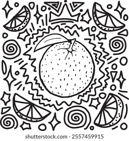 Complete round orange in center and doodle drawing around, hand drawn outline illustration. Simple citrus fruit full of vitamins pen drawing decoration. Juicy mandarin silhouette, contour drawing logo