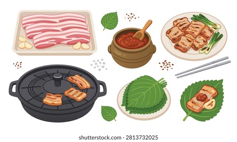 A complete samgyeopsal  Korean BBQ set featuring raw and grilled pork belly, spicy gochujang, fresh perilla leaves, and lettuce for wraps.