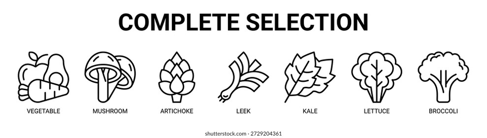 Concepto completo de la Ilustración vectorial del icono del Anuncio del Web de la selección con el icono de la verdura, de la seta, de la alcachofa, del puerro, de la col rizada, de la lechuga, y del brócoli.