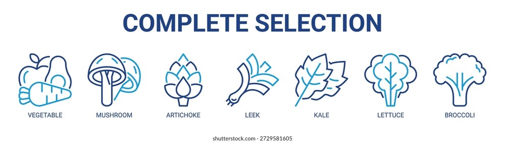 Concepto completo de la Ilustración vectorial del icono del Anuncio del Web de la selección con el icono de la verdura, de la seta, de la alcachofa, del puerro, de la col rizada, de la lechuga, y del brócoli.