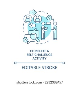 Complete self challenge activity turquoise concept icon. Avoiding cognitive bias tip abstract idea thin line illustration. Isolated outline drawing. Editable stroke. Arial, Myriad Pro-Bold fonts used