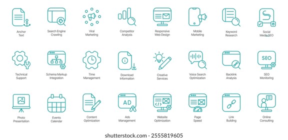 Complete SEO and Digital Marketing Icon Set – Anchor Text, Search Engine Crawling, Viral Marketing, Computer Analysis, Responsive Web Design, Mobile Marketing, Keyword Research, Social Media SEO 