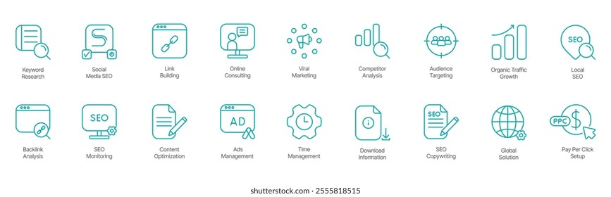 Complete SEO and Digital Marketing Solutions Icon Set – Keyword Research, Social Media SEO, Link Building, Online Consulting, Viral Marketing, Computer Analysis, Audience Targeting, Organic Traffic 