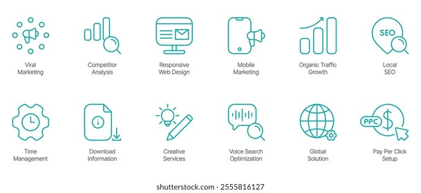 Complete SEO and Marketing Solutions Icon Set – Viral Marketing, Computer Analysis, Responsive Web Design, Mobile Marketing, Organic Traffic Growth, Local SEO, Time Management, Download Information 