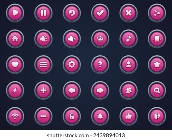 A complete series of purple buttons featuring symbols for user interface design uses