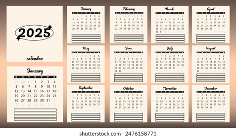 Complete set of 12 beautifully designed calendar pages for 2025. Each week begins on Sunday. Ideal for planners, desk calendars, wall calendars, print media, advertisements, and office stationery