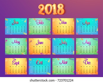 Complete Set of 12 Months, 2018 Calendar.