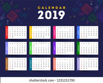 Complete set of 12 months for 2019 yearly wall calendar design with abstract element.