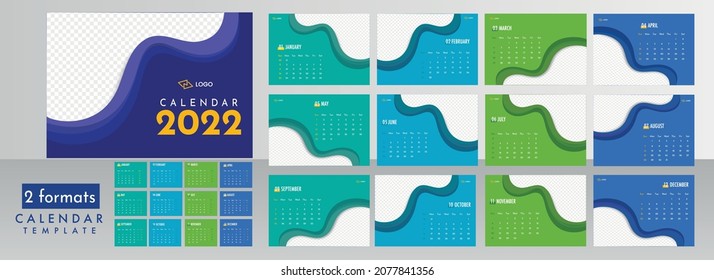Complete Set Of 12 Months Abstract Calendar Design With Copy Space In Two Formats.