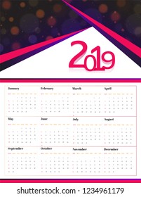 Conjunto completo de design de calendário anual de 12 meses para o ano de 2019.