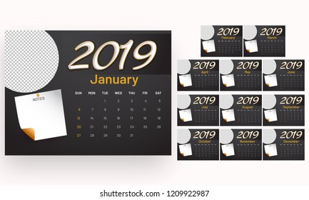 Complete set of 12 months, desk planner layout for 2019 with place for your image and important notes.