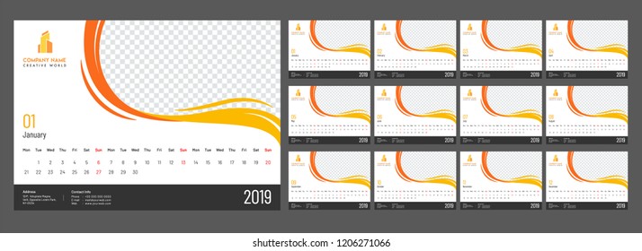 Complete set of 12 months, yearly calendar design for 2019 with space for your image.