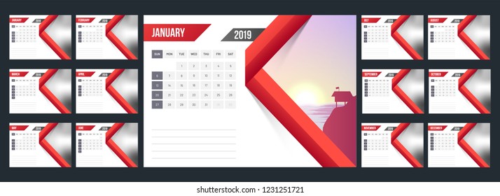Complete set of 12 months, yearly calendar design for 2019.