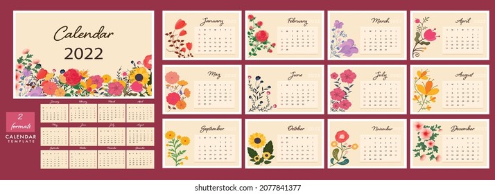 Complete Set Of 12 Months Yearly Floral Calendar Design In Two Formats.