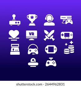 A complete set of 14 filled game icons in vector format. Perfect for mobile apps, UI UX design, VR interfaces, console dashboard, and gaming-related projects. Includes joystick, VR headset, gamer ava