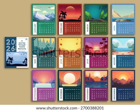 Complete Set of 2026 Calendar Design with Scenic Season Landscape Illustration for Each Month.