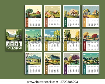 Complete Set of 2026 Monthly Calendar Design with Beautiful Landscape Illustration.