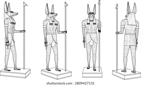 Complete set of 3D rendered Egyptian god Anubis model sheets showcasing the black jackal-headed guide with a yellow shendyt skirt from front, side, and back angles