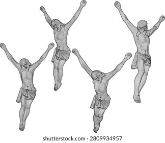 Complete set of 3D rendered Jesus Christ crucifix model sheets showcasing the sacred religious sculpture with a wrapped loincloth from front, side, and rotated angles based on textures-Model