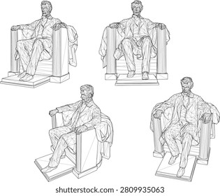 Complete set of 3D rendered presidential monument model sheets showcasing the seated Abraham Lincoln statue from front, side, and back angles