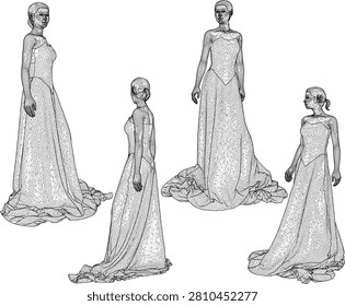 Complete set of 3D rendered wedding dress character model sheets with long white flowing gown from front, side, and back angles