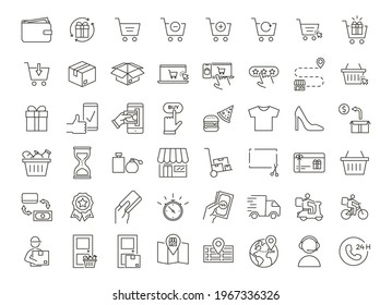 Complete set with 48 icons related with Online shopping, delivery services, takeaway and online stores express home service subjects. Thin outline illustrations