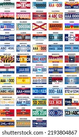 Complete Set 50 United States License Plates - All 50 USA States, Special Design And Regulation For All States, Car numbers of vehicle registration in USA states (abstract numbers)