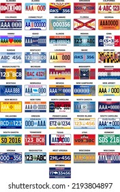 Complete Set 51 United States License Plates - All 51 USA States, Special Design And Regulation For All States, Car numbers of vehicle registration in USA states (abstract numbers)